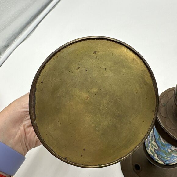 Set 2 Antique French Brass & Bronze Candlestick w/Longwy Pottery Column. 9” Tall - Picture 7 of 10